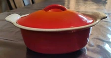 Descoware Casserole Dish Enameled Cast Iron W/Lid Orange 7" Belgium Vtg.