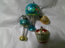 Vtg Lot of 4 Figural Mercury Glass Christmas Ornaments Lamp,Flower Basket,Walnut