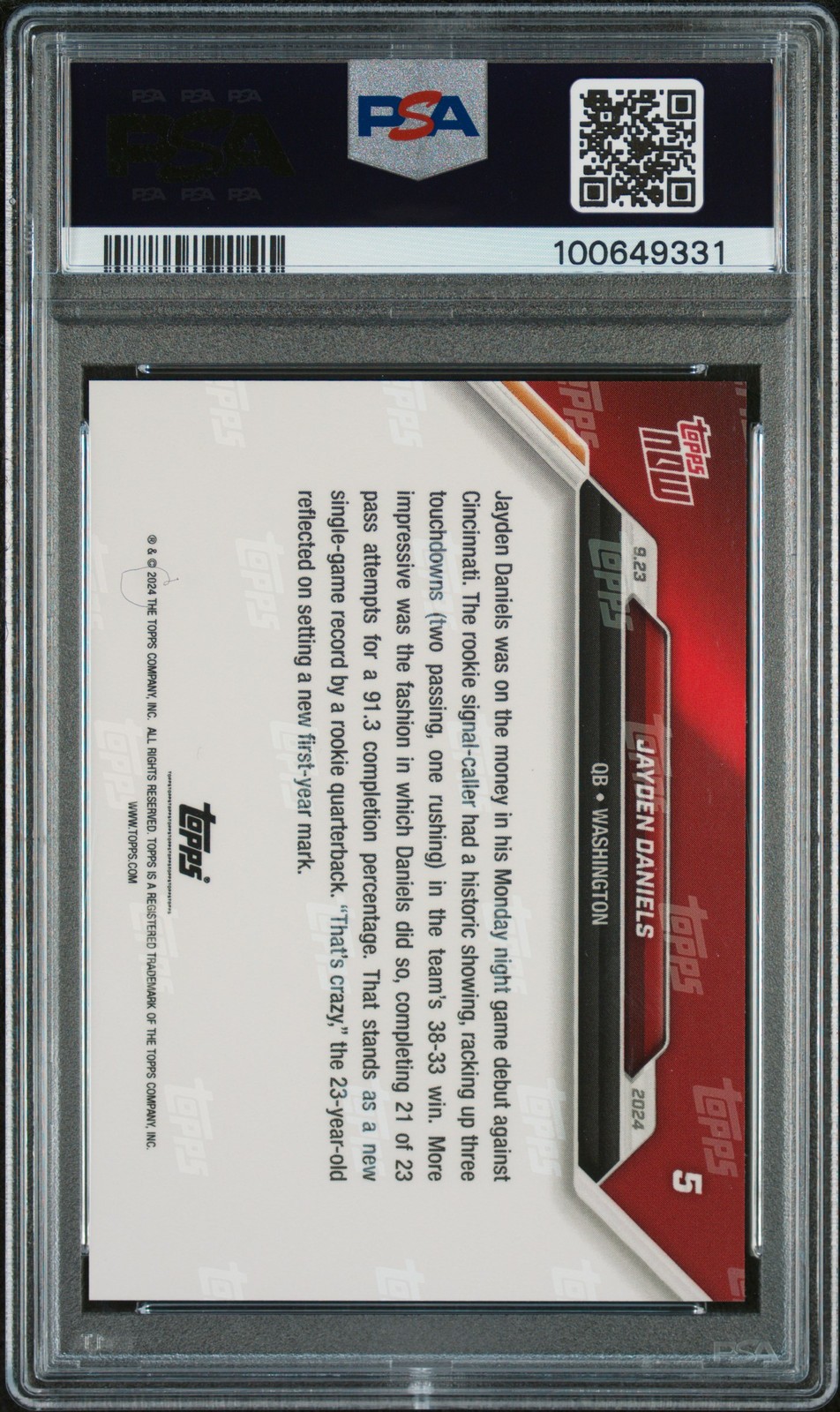 2024 Topps Now #5 Jayden Daniels PSA 10 view 2