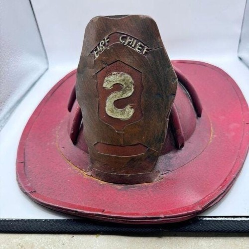 Vintage metal fire chiefs hat decor red