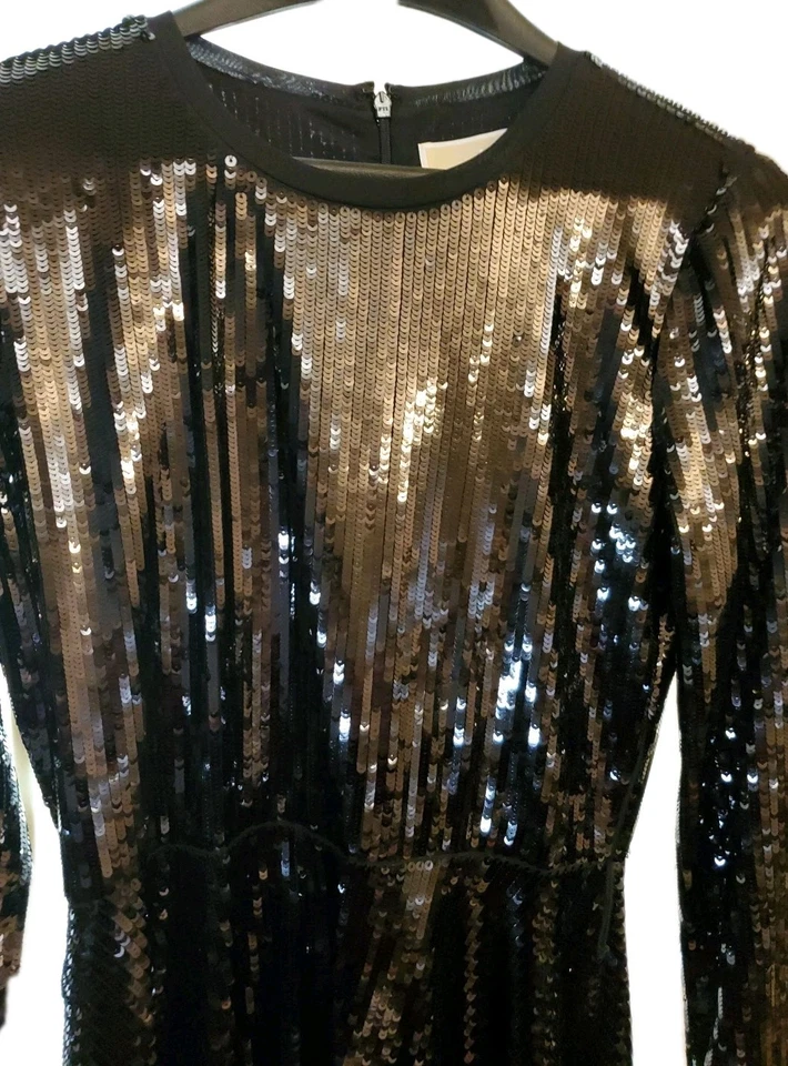 Vestido Michael Kors Manga Larga Negro Lentejuelas Talla M Dobladillo Mordedura de Tiburón Foto 2 de 4