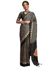 Women's Pure Crepe Striped Printed Saree With Unstitched Blouse Piece