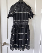 Self-Portrait Black Lace Bow Short Sleeve High Neck A-Line Dress UK 6