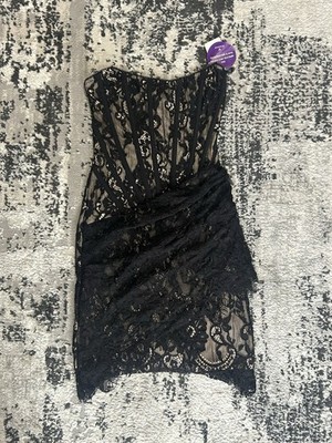 Windsor Black Nude Lace Strapless Ruched Short Bodycon Dress XS Regular Size