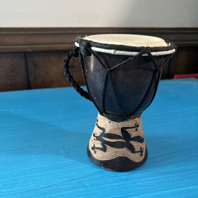 Tribal African Djembe Drum, 5.75 x4  Rope and Handcarved Etchings goat skin top.
