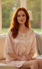 Eve Stillman Pink Satin Vintage 70s Night Shirt With Lace Rosette Size Small