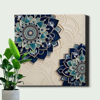 Two Lotus Mandala Wall Art Teal Navy Relief Pattern