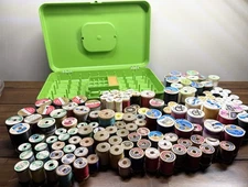 SEWING THREAD LOT Wilhold Case, Vintage 49 Wooden Spools, 107 Misc Thread Spools