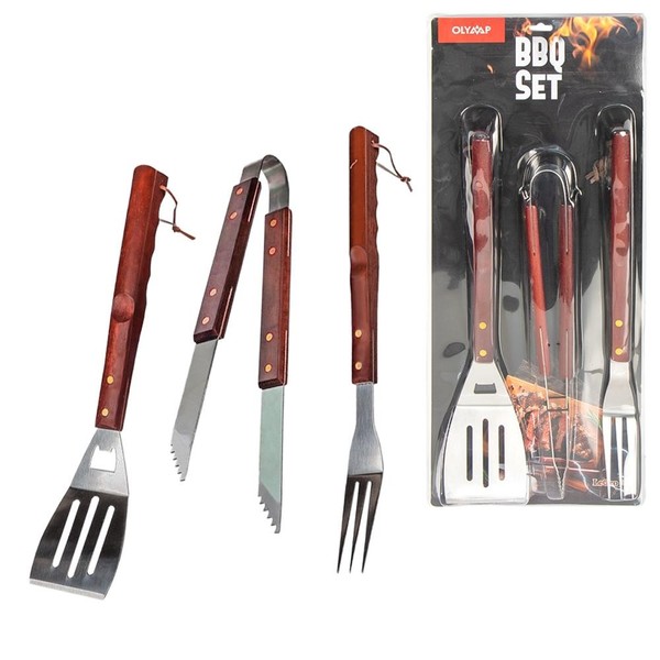 Bbq Grillbesteck Set Edelstahl, Grillzange, Grillwender & Grillgabel Holzgriff-image