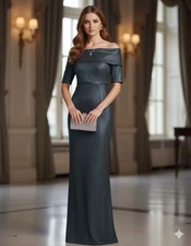 NEW TERI JON RICKIE FREEMAN Metallic Off-The-Shoulder Column Gown Maxi Dress 10