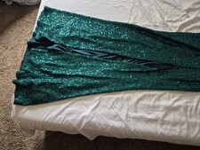 Green Sequin Maxi Gown Dress, Sleeveless, Side Slit, Formal, Strappy Sleeve