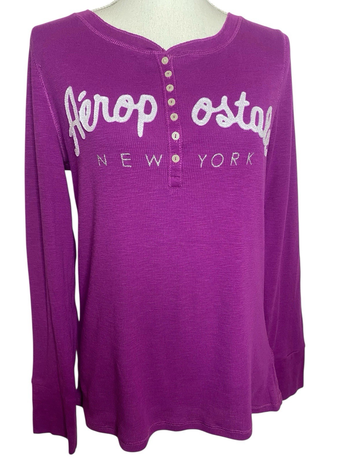 Aeropostale XL Purple Thermal Button V Henley Y2K 00s Shirt Spellout Long Sleeve