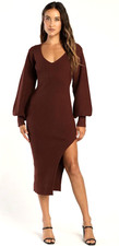 Lulus Autumn Darling XL Chocolate Brown Balloon Sleeve Midi Sweater Dress NWT
