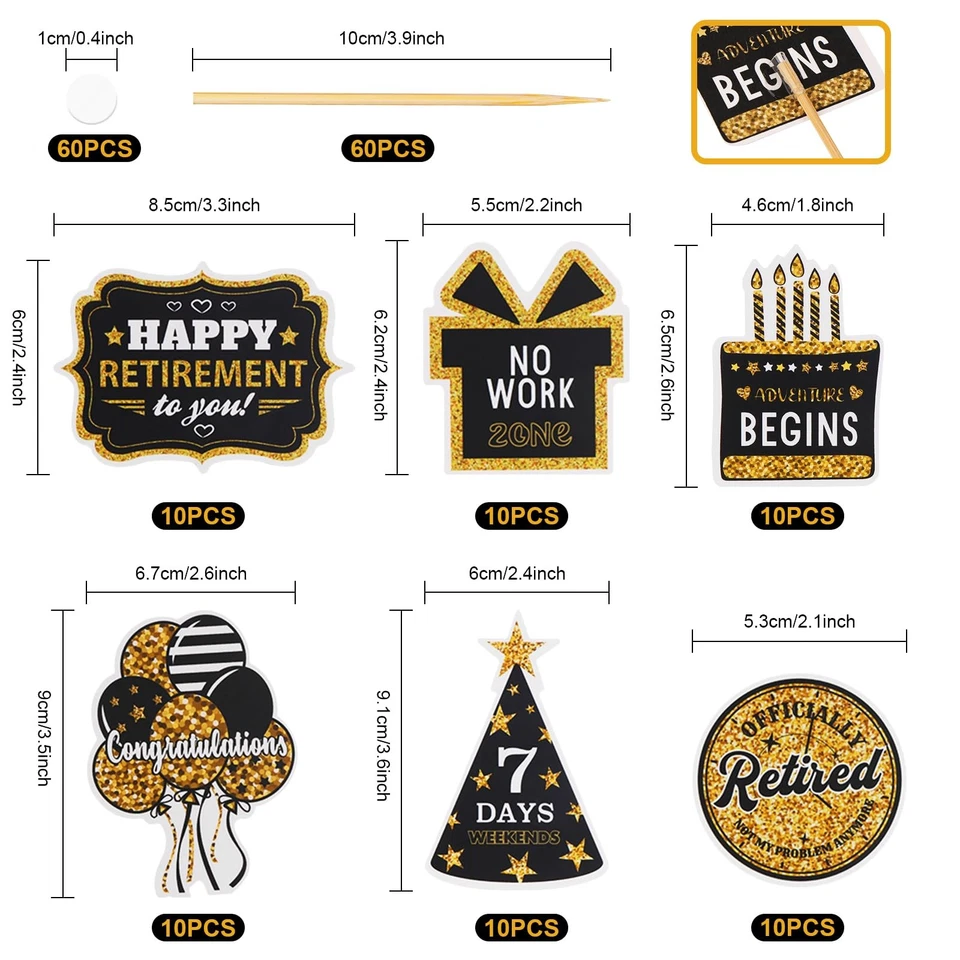 Toppers para cupcakes de feliz jubilación 60 un. - decoraciones de fiesta para pasteles dorados Foto 2 de 4