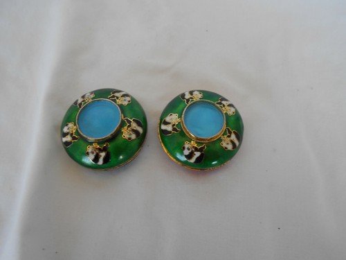 2 Panda Bears Trinket Boxes With Bamboo Enamel Metal Small 1 3/4" Lidded - Picture 3 of 4