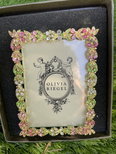 Olivia Riegel Picture Frame RT1982 Gold Pink, Green, Clear Crystals 4" NIB Rare! - Picture 1 of 12