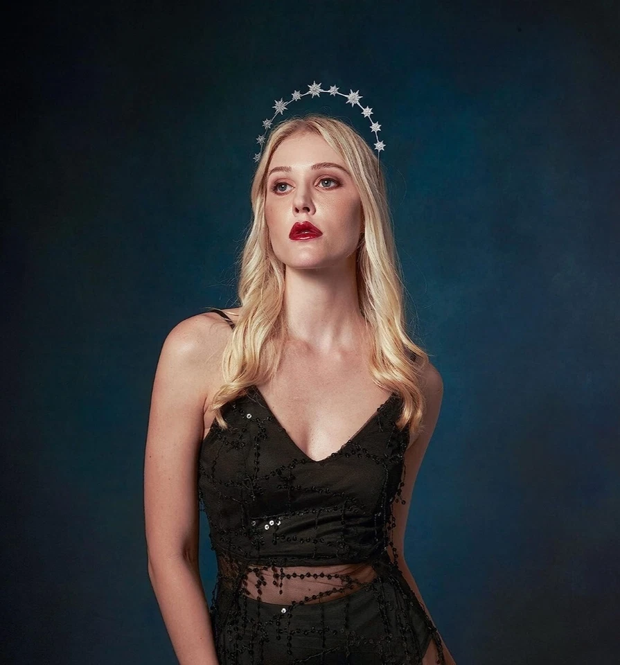 Diadema Halo Corona Diosa Estrellas Tiara de Caña, Tocado Boho Plata Foto 2 de 3