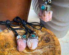 Pink Opal neckalce with small chrysocolla gemstone adjustable necklace pink comm