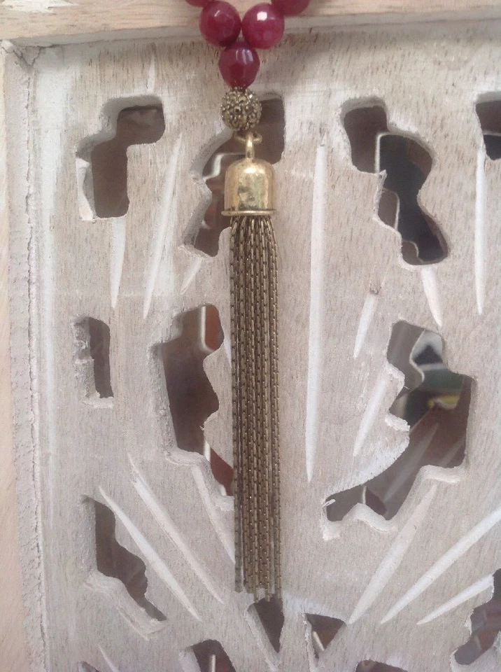 Collar Borla Piedras Semipreciosas Marca Lucky Rojo Rubí Cuentas Oro Joyería Foto 4 de 4