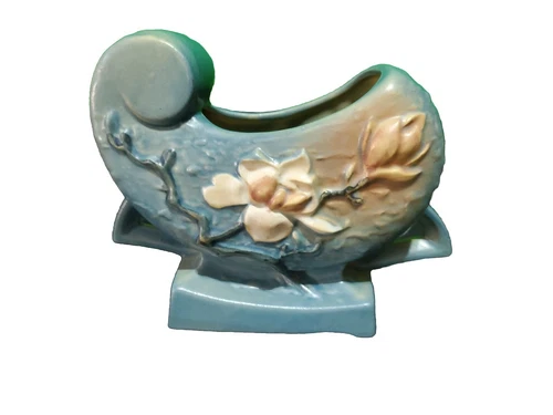 VTG Roseville Pottery Blue Magnolia Planter Vase 183-6 Sleigh 1940s Art Pottery