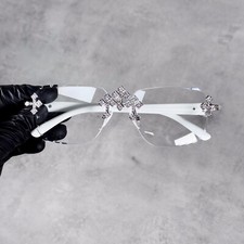 Men's Triple Cross Iced Out Sunglasses Clear Frame, White Temple, Streetwear