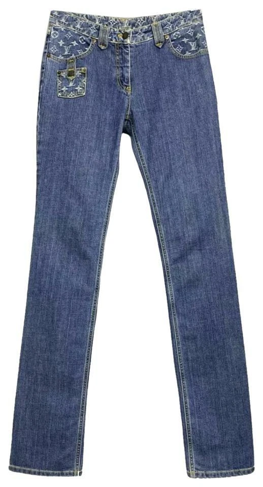 LOUIS VUITTON ICONIC BLUE DENIM COTTON MONOGRAM LOW WAIST CLASSIC JEANS IT 42