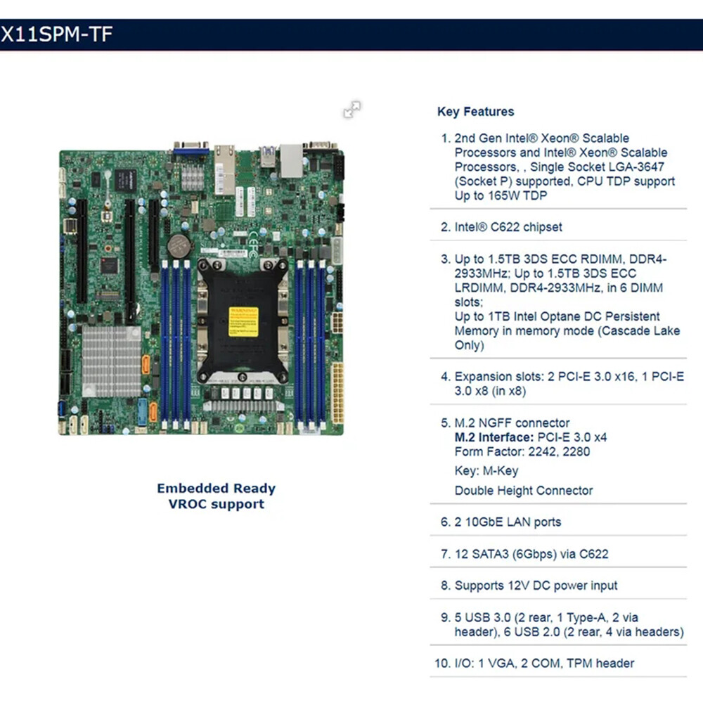 For Supermicro X11SPM-TF Server Motherboard Intel C622 chipset LGA