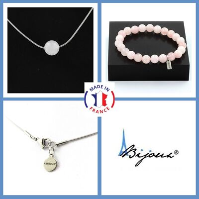 Schmuckset Armband Halskette 1 Perle Rosenquarz 8 mm. Kette in Perso Size