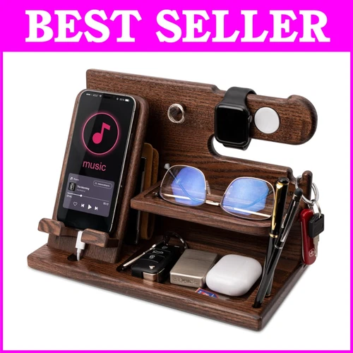 Elegant Wood Phone Docking Station - Multitasking Desk Organizer for Men