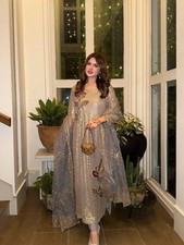 Designer Faux Georgette Sequin Embroidered Kurti Pant Dupatta Set Party Wear