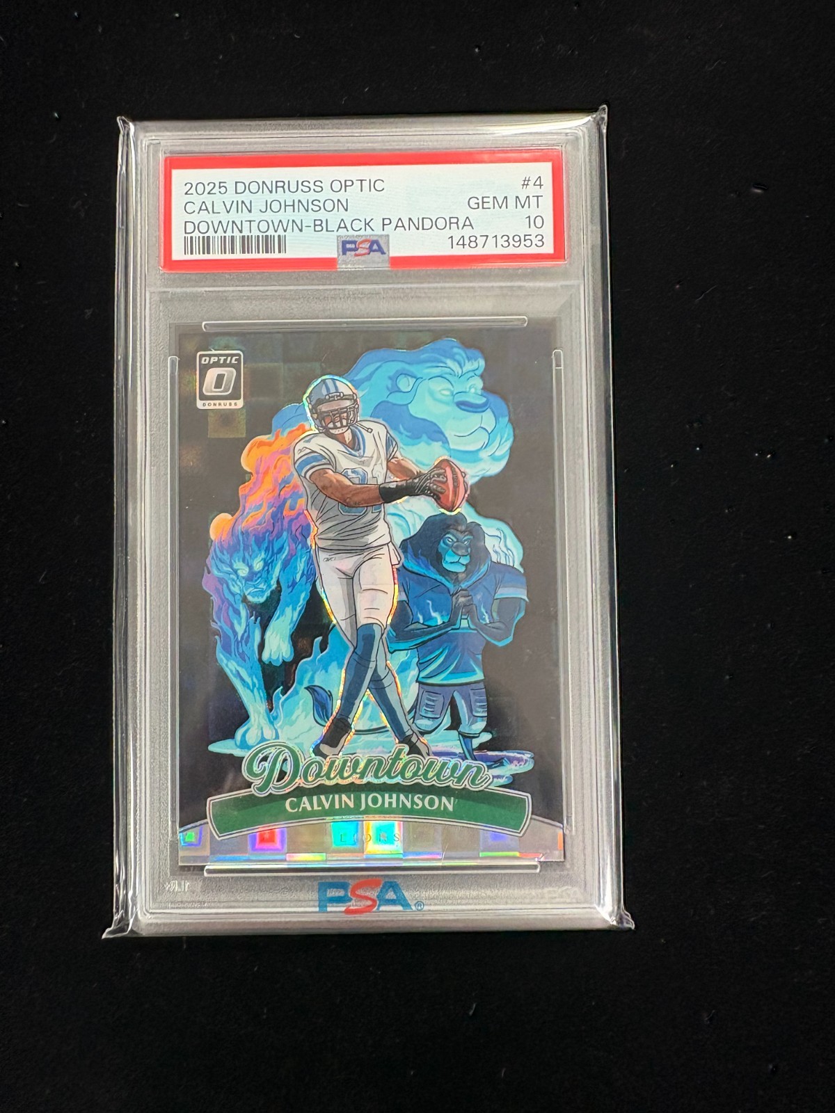 2025 Donruss Optic Calvin Johnson Downtown Black Pandora Prizm #/25 PSA 10