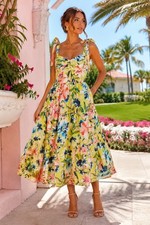 NWOT Eliza J Tropical Floral Midi Dress Sz 4 Yellow Tie Strap Fit & Flare Resort