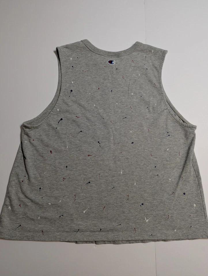 Camiseta sin mangas Champion XL gris con salpicaduras rojas blancas azules para mujer Foto 3 de 4