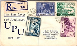 1949 Zomba Nyasaland UPU Universal Postal Union Cover to Johannesburg
