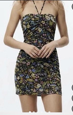 Zara Women’s Black Multicolor Floral Ruched Strapless Mini Bodycon Dress M
