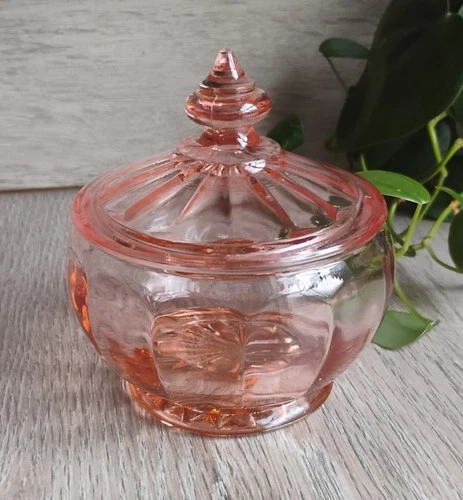 Pink Depression Glass Glass Dish Matching Lid 4" Tall Candy Sugar Trinkets