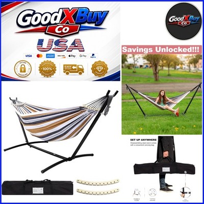 Double Hammock with Stand 450lb Capacity Cotton Brown Stripes Portable Garden...