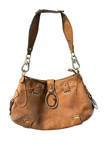 Vtg GUESS Y2K Brown Faux Leather Purse Metal Horsebit Straps Big Silver Buckle!