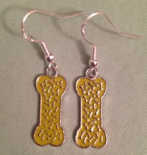 YELLOW BONES ON BONES EARRINGS - Enamel with Sterling Silver Ear Wires - DOG PET