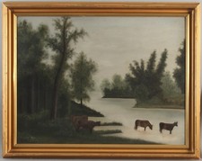 19thC Antique American Primitive Folk Art Bucolic Country Cows Oil Painting, NR