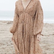 Doen Grasse Tan Floral Long Sleeve Peasant Mini Dress Size Small