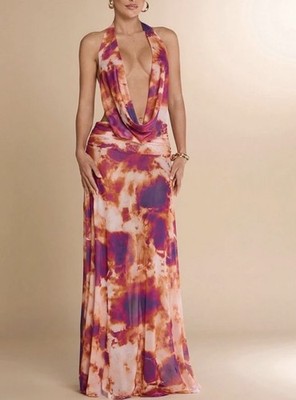 Long Tie Dye Maxi Dress Deep V Neck Backless Summer Dress   Purple Pink Orange