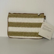 Thirty-One White Tan Striped Straw Rubie Mini Pouch Clutch Bag NWT Jewell