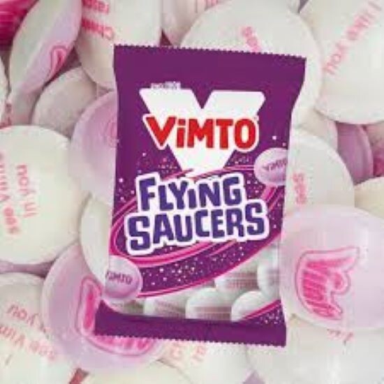 Full Box of 12 x 23g Packs Vimto Flying Saucers – Sherbet Filled Retro Sweets