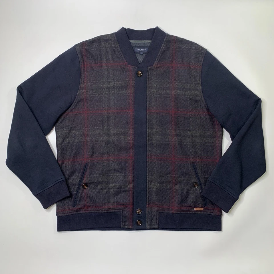 Chaqueta Ted Baker Para Hombres 7 Azul Marino Mezcla de Lana Forrada de Vellón A Cuadros Cremallera Completa Bombardero Foto 2 de 4