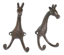 Pack Of 2 Cast Iron Safari Masai Giraffe Head Decor Double Wall Coat Towel Hooks