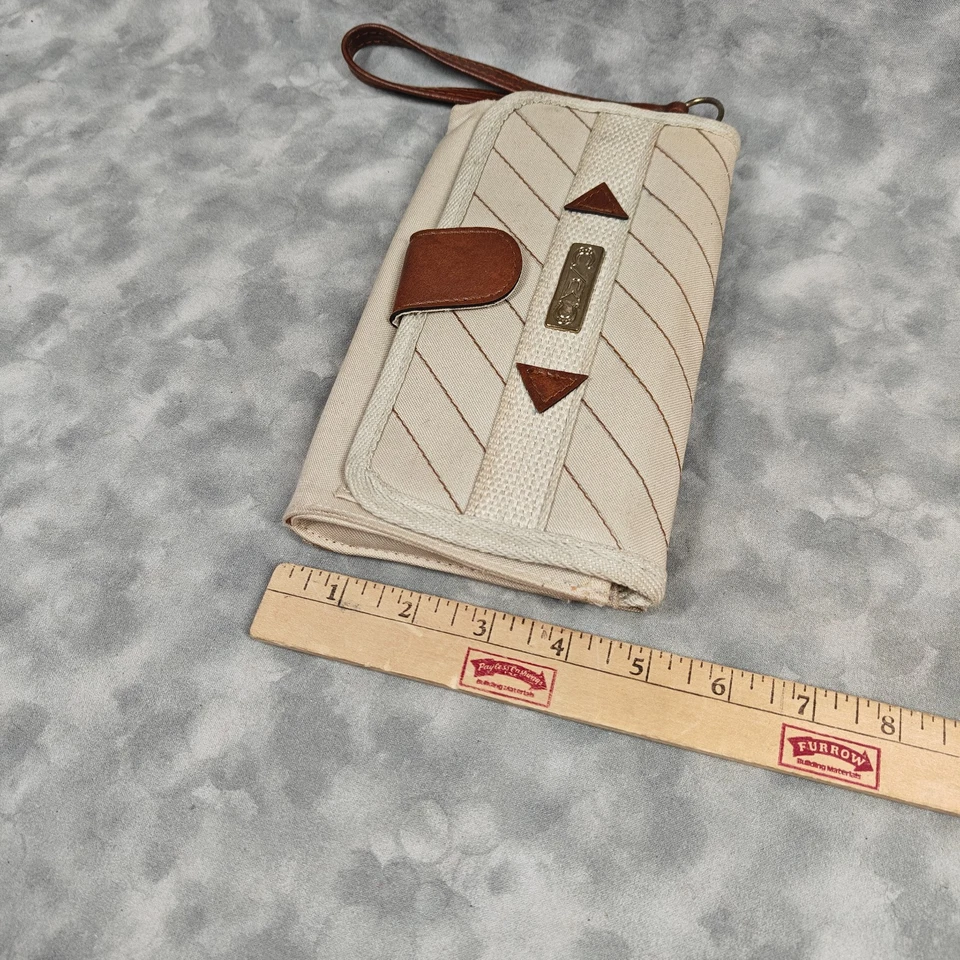 Cartera sin asas vintage beige lona marrón imitación cuero hecha en Taiwán Foto 3 de 4