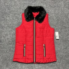 Hannah Womens Puffer Vest Red Black Zip Up Lined Pockets Faux Fur Collar S New