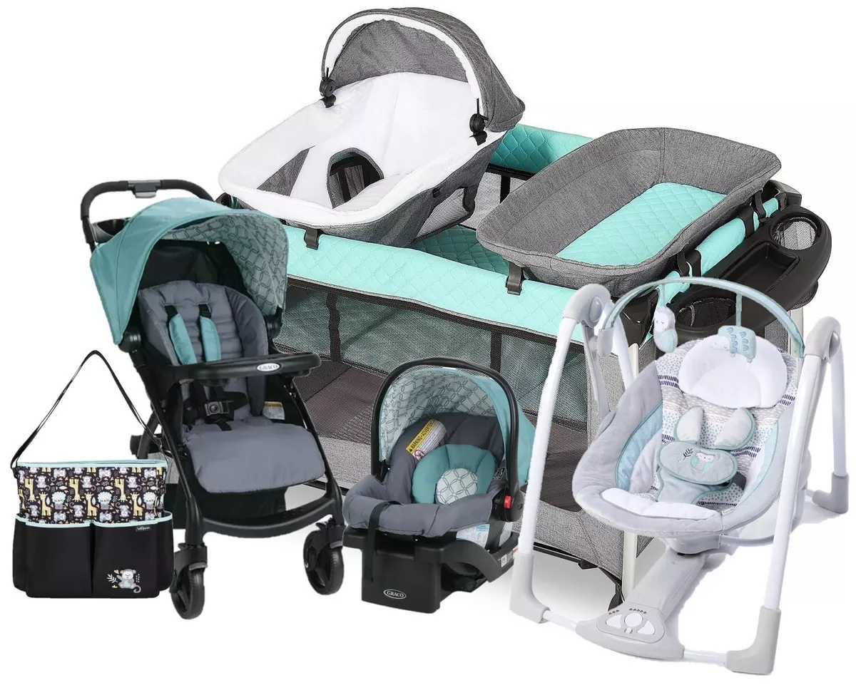 Baby Boy Combo Travel System Set Stroller With Car Seat Playard Diaper Bag  Swing