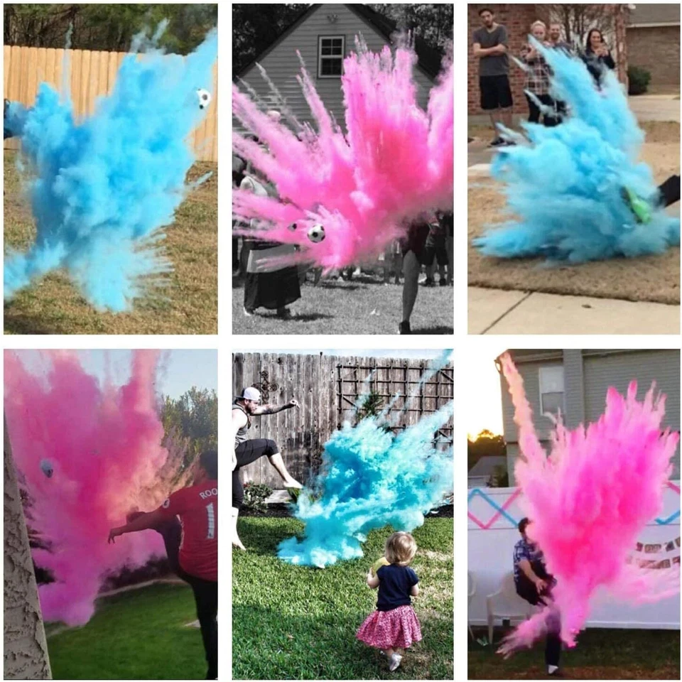 Balón de fútbol rosa azul revelación de género patada para revelar nube de polvo colorido Foto 2 de 4